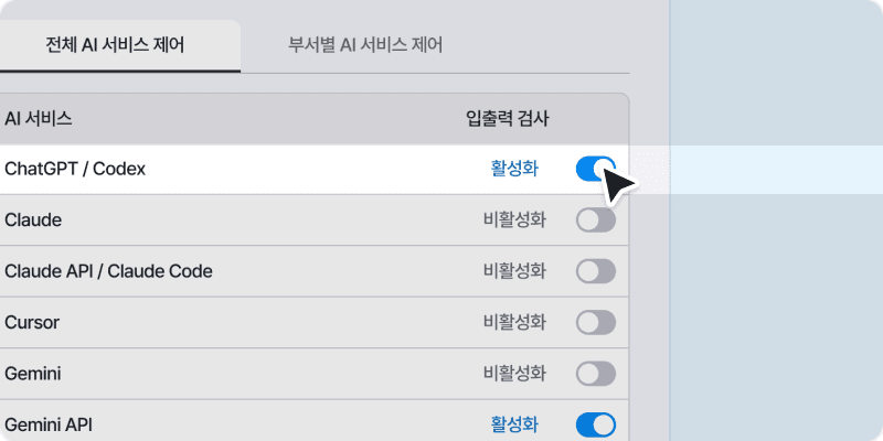 AEGIS AI 서비스별 입출력 검사 설정 화면